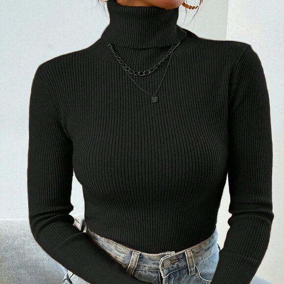 Black Casual Women's Turtleneck Ribbed Long Sleeve Thermal Pullover Sweater - Picture 3 of 6